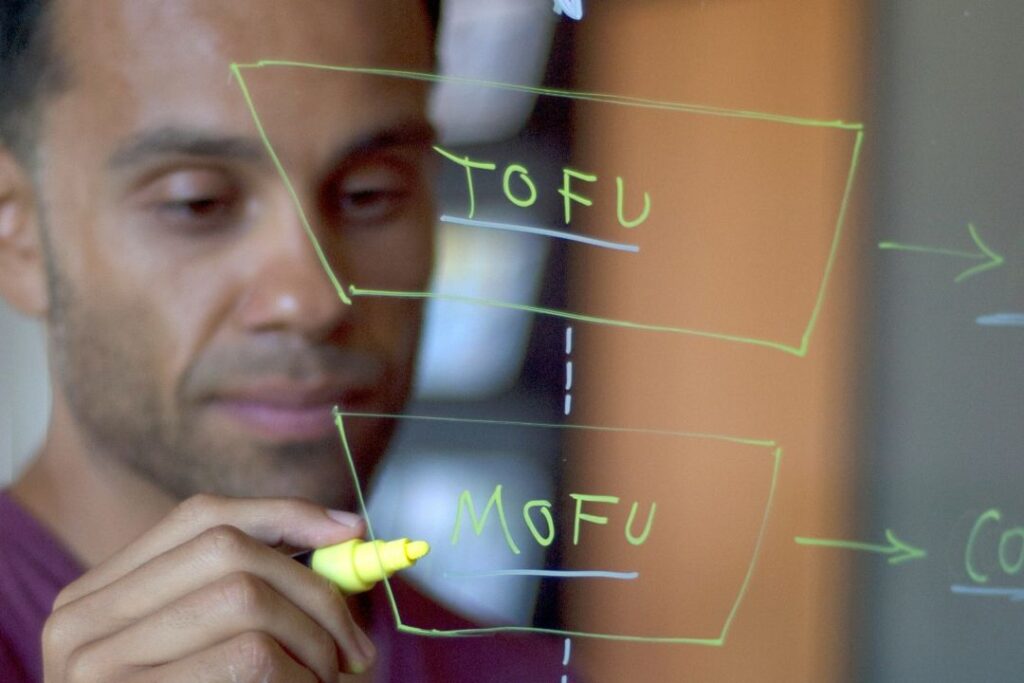 A man uses a yellow pen to draw the marketing funnel on a transparent wall