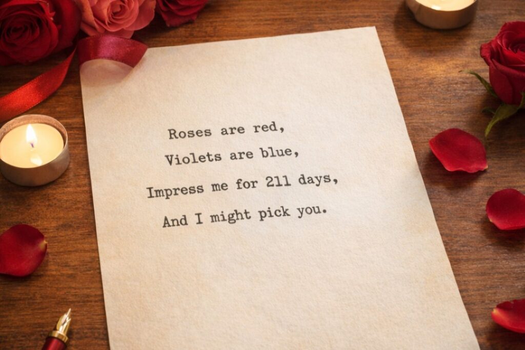 A piece of paper lies on a desk surrounded by roses and candles. The poem on the paper reads: roses are red, violets are blue, impress me for 211 days, and I might pick you.